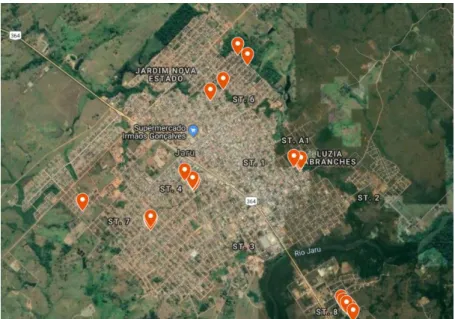 Figura 02 - Localização no mapa dos poços onde foram realizadas as coletas  das águas subterrâneas na cidade de Jaru, RO