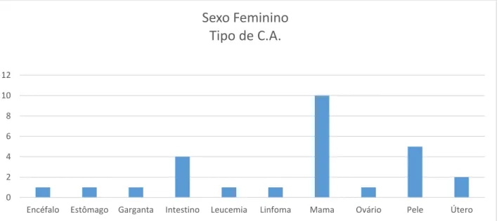 Gráfico 1 - Principais tipos de C.A. em pacientes do sexo feminino. 