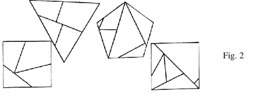 Figura  2  abaixo  mostramos  a  decomposição  de  um  triângulo  e  de  um  pentágono  que,  remontado produz um quadrado, de mesma área 