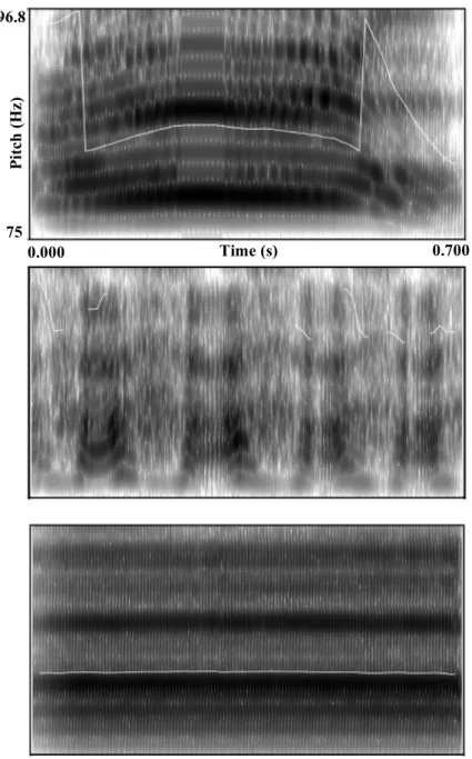 Fig. 1 - Spectrogram of each vocalization. From top to bottom: angry, happy and neutral