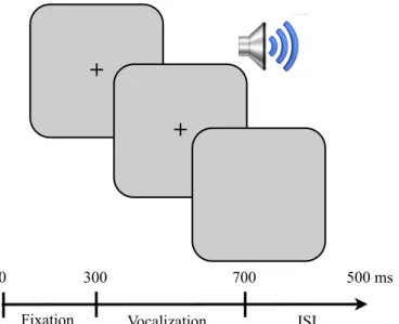 Fig. 2 - Trial design: the fixation cross lasts for 1000ms, the vocalization starts at 300ms from the beginning of  the fixation cross and lasts for 700ms