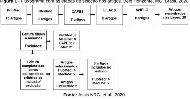 Figura 1 - Fluxograma com as etapas de seleção dos artigos. Belo Horizonte, MG, Brasil, 2020