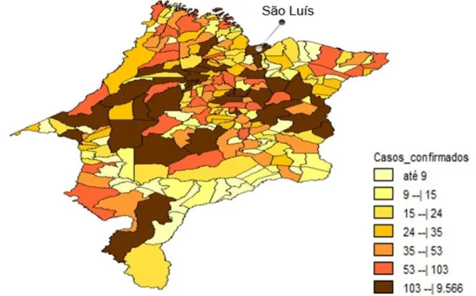 Figura 1 - Distribuição dos casos confirmados de tuberculose notificados no Estado do Maranhão, entre os  anos de 2009 e 2018