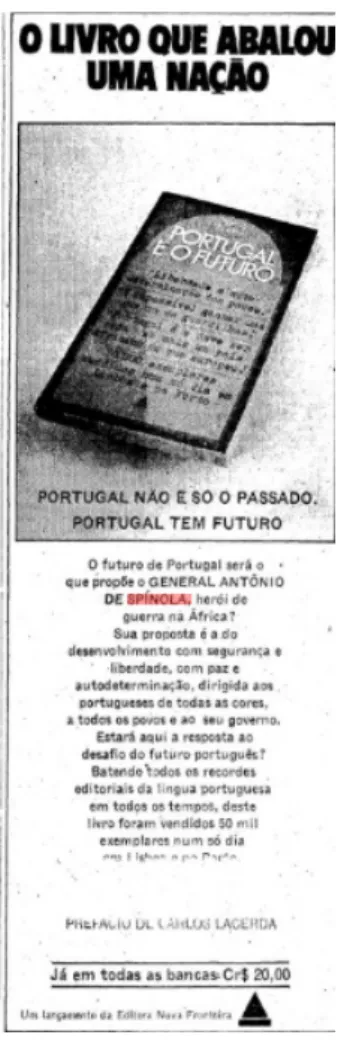 Figura 2: Anúncio do livro Portugal e o Futuro  Fonte: O Estado de S. Paulo, 7 de abril de 1974, p