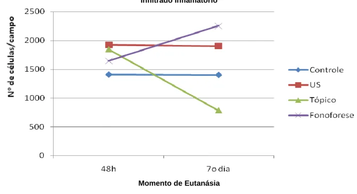 Gráfico  4  –  Número  de  células/campo  de  células  do  infiltrado  inflamatório  nos  diferentes  momentos  de  eutanásia (48h e 7º dia)