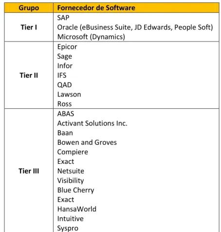 Tabela 1: Grupos de fornecedores de Software, segundo a Panorama. 