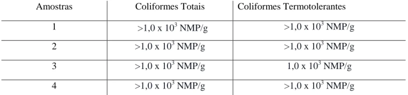 Tabela  1.  Número  Mais  Provável  (NMP/g)  de  Coliformes  Totais  e  Termotolerantes  de  Queijos Minas Frescal produzidos de forma artesanal no município de Ji – Paraná-RO