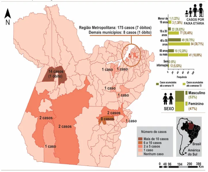 Figura 3 - Distribuição espacial, de faixa etária e sexo de casos diagnosticados de COVID-19 no Estado do  Pará, semanas epidemiológicas 12 a 15, 2020