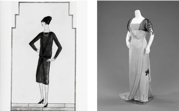 Figura 1. À esquerda um modelo de Paul Poiret (cerca de 1913). À direita  o pequeno vestido negro concebido por Coco Chanel (1926).