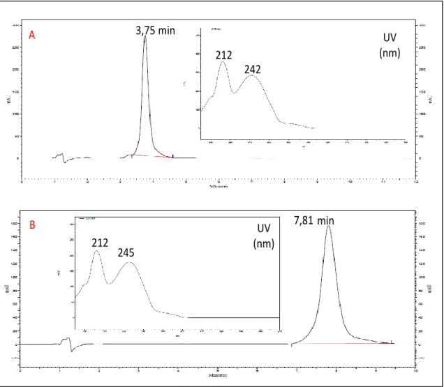 Figura 19. Cromatograma e espectro de ultravioleta correspondente à solução padrão de: (A) mitrafilina (c =  0,20 mg/ml) e (B) isopteropodina (c = 0,20 mg/ml) com deteção a 245 nm