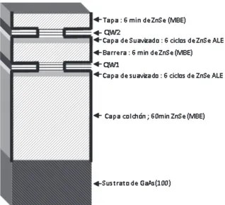 Figura 1. Representación esquemática (no a escala) de la serie de muestras crecidas con el fin de estudiar los  procesos de interacción entre los átomos de zinc y de cadmio