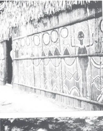 Figura 5. Una maloca makuna cerca del río Pirá-Paraná (1952). Pintadas en la pared se observan imágenes del  yajé, bebida alucinógena que produce experiencias místicas en el aprendizaje del ketioka, forma de conocimiento  particular de cada ser y cosa del 