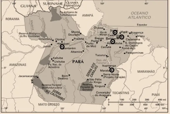 Figura  2  -  Mapa  do  Pará  com  as  cinco  cidades-sede,  marcadas  com  círculos, onde foram instalados os Núcleos de Educação da UFPA no primeiro  momento da interiorização 