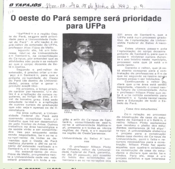 Figura  3  –  Reportagem  do  Jornal  semanal  “O  Tapajós”  indicando  a  importância que a UFPA atribuía a um campus universitário em Santarém-PA 
