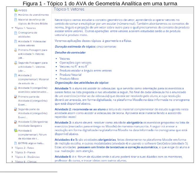 Figura 1 - Tópico 1 do AVA de Geometria Analítica em uma turma 