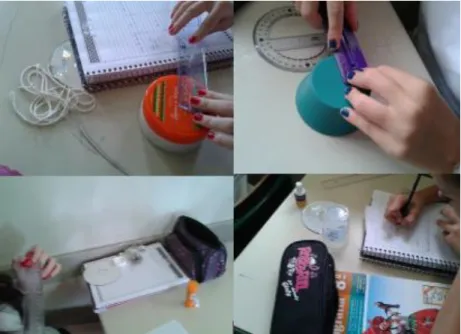 Figura  4: Estudantes realizando  medições  com objetos circulares.  Fonte:  Dados  de pesquisa,  2015