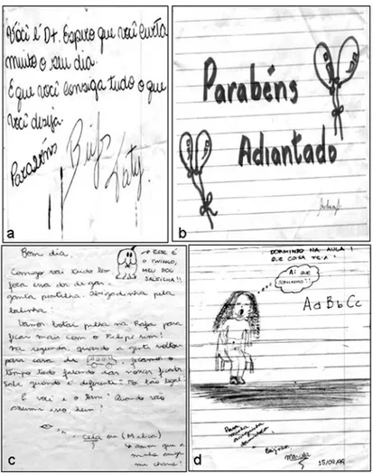 Figura 3 (a, b, c, d) – Diferentes tipos de bilhetes encontrados num caderno escolar  de Ciências de 1995