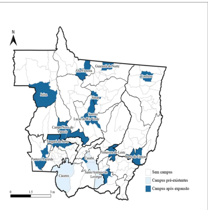Figura 02 - Distribuição espacial das unidades pré-existentes e após expansão pelos  municípios do território do estado de Mato Grosso 
