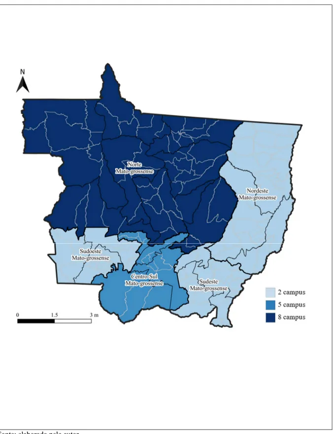 Figura 04 - Distribuição espacial das unidades pelas mesorregiões do território do  estado de Mato Grosso 