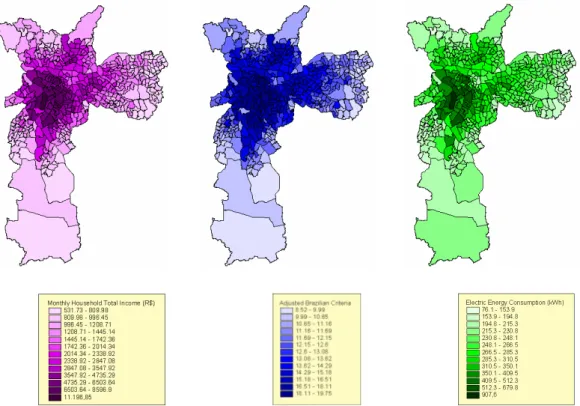 Figure  2.  Maps  of  the  City  of  São  Paulo  representing:  (i)  Monthly  Household  Total  Income,  (ii)  Adjusted  Brazilian  Criteria,  and  (iii)  Electric  Energy  Consumption per Weighted Areas 