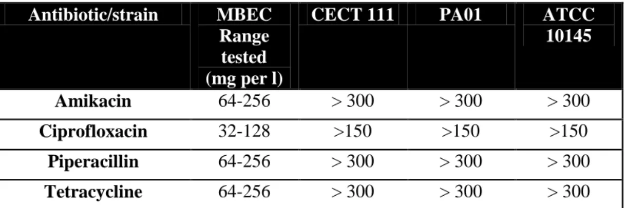 Table  2.2:  Values of Minimum Biofilm Eradication Concentration (MBEC) of antibiotics for the three  strains of P