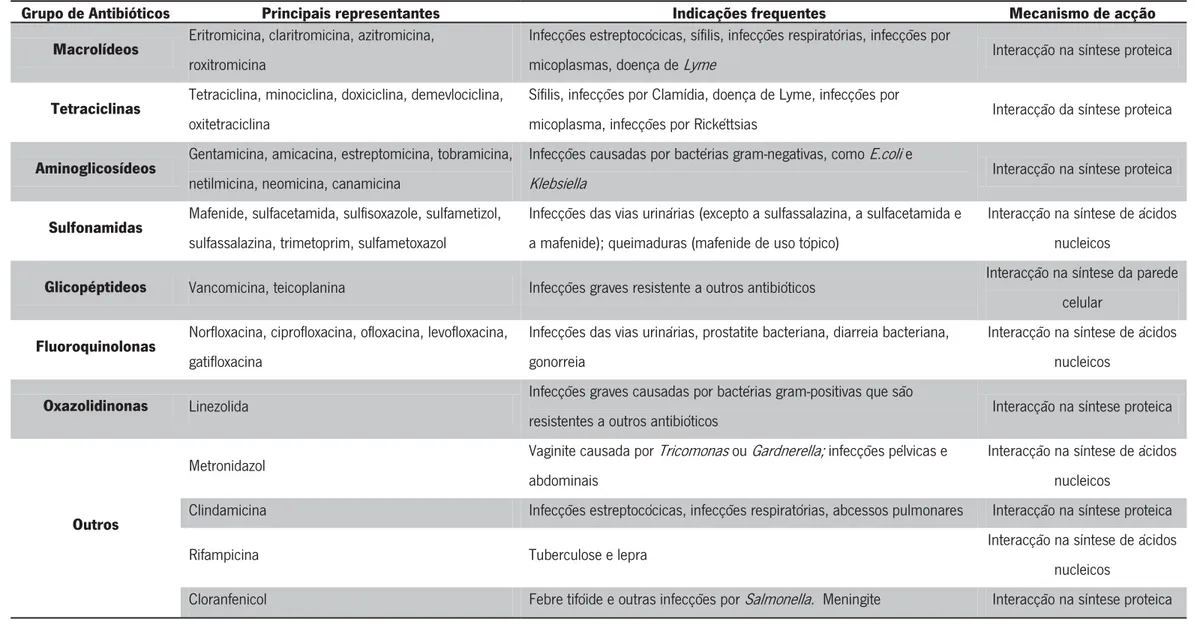 Tabela 3. Exemplos de grupos de antibióticos e seus principais representantes (continuação) 