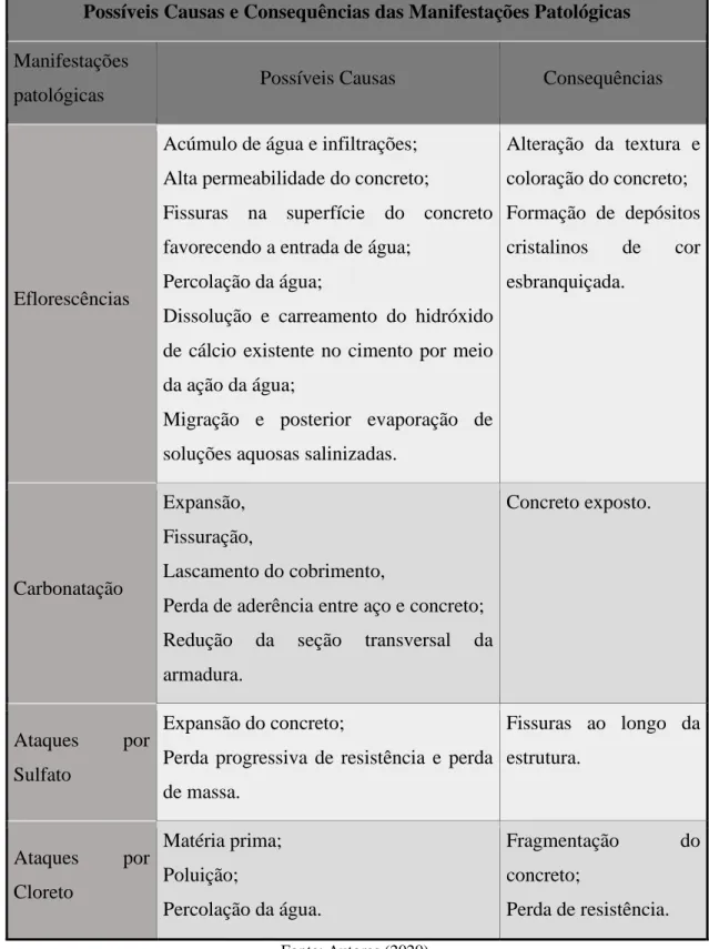 Tabela 2: Possíveis Causas e Consequências das Manifestações Patológicas. 