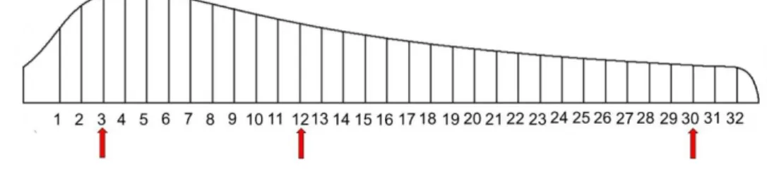 Figure 1. Identification of the 32 profiles of the blade and which were used in the simulation