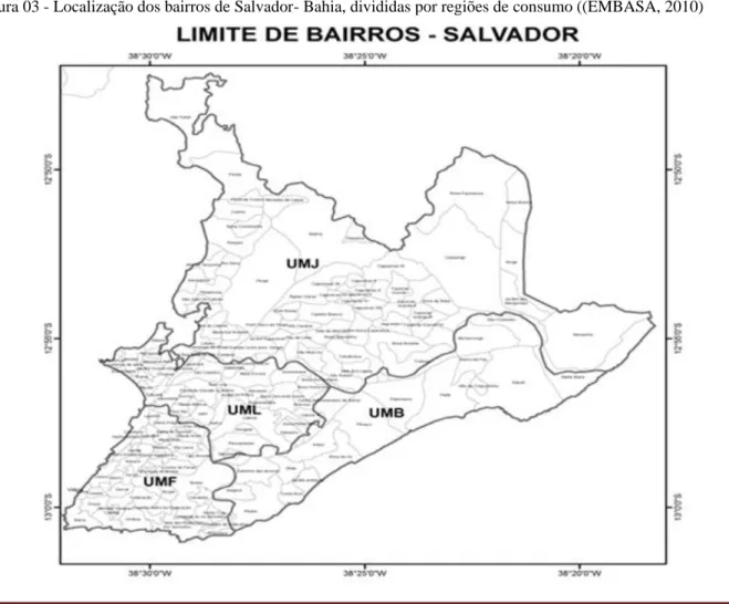 Figura  03  -  Localização  dos  bairros  de  Salvador-  Bahia,  divididas  por  regiões  de  consumo  ((EMBASA, 2010) 