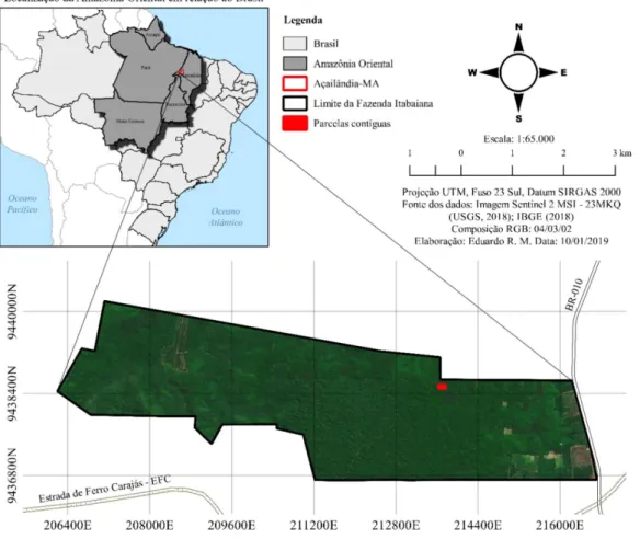 Figura 1 - Área de estudo, município de Açailândia, Maranhão, Brasil e as respectivas parcelas contíguas orientadas no  sentido Leste-Oeste