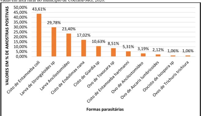 Figura  4  –  Frequência  das  formas  de  vermes  e  protozoários  encontradas  nas  amostras  positivas  de  Lactuca  sativa  cultivadas em área rural no município de Uberaba-MG, 2020