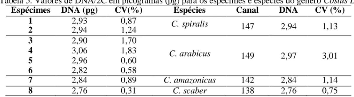 Tabela 5. Valores de DNA/2C em picogramas (pg) para os espécimes e espécies do gênero Costus L