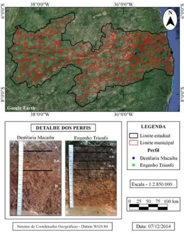 Figura 1: Mapa de localização dos perfis de duas classes de solos representativas da região paraibana, município de  Areia e Alagoa Nova-PB