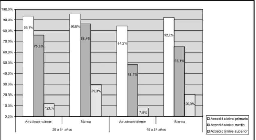 Gráfico  1:  Acceso  al  nivel  primario,  medio  y  superior  según  adscripción racial 5  y grupo de edad, Brasil 2009