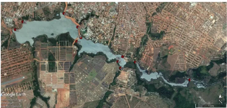 Figure 3- Geographic Location of collection points within the SHP Corujão Lake in the municipality of  Araguaína (Source: Authors, 2018 / GoogleEarth).