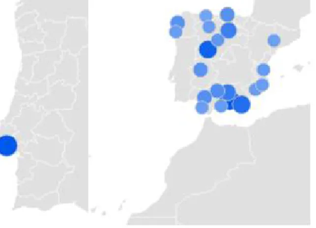 Figura 4 | Mapa de densidade de pesquisas de Blablacar por cidades portuguesas e espanholas