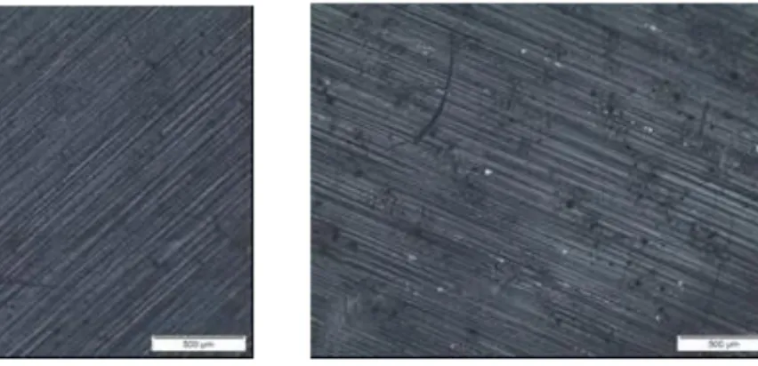 Figura 6 - Imagens de microscopia óptica do PET puro (a) e do compósito PET/Mica  7% (b)