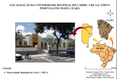 Figura 1: Localização da Universidade Regional do Cariri - URCA (Campus Pimenta) em Crato,  CEARÁ.