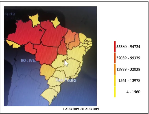Figura 1. Focos de calor no Brasil para o período indicado, de acordo com os dados de satélite  processados pelo Global Forest Watch”(2019)