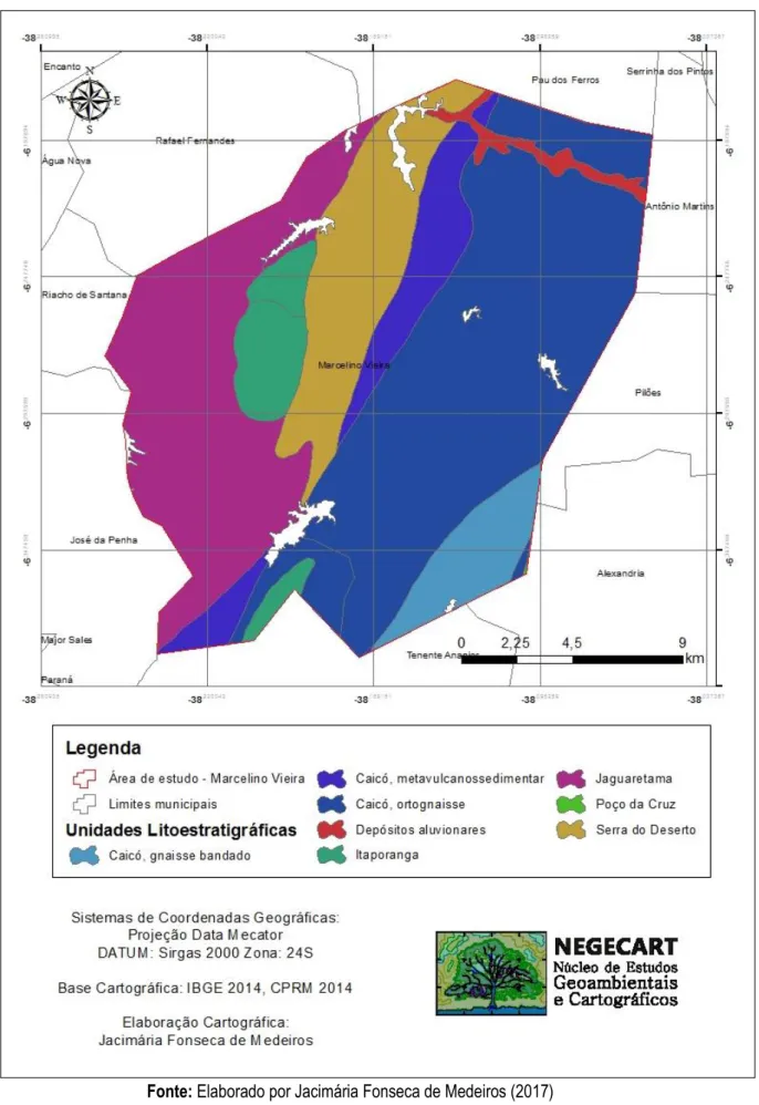 Figura 2: Mapa das unidades Litoestratigráficas de Marcelino Viera-RN. 