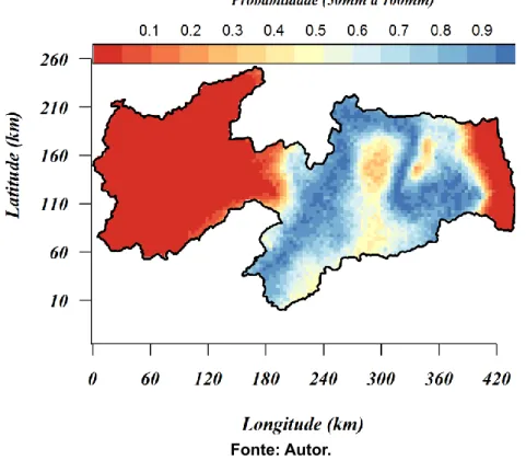 Figura 5 - Mapa de probabilidade da precipitação mediana entre 50 e 100 mm no  Trimestre Chuvoso