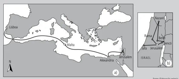 Figura 1    |   Percurso de Teodorico relatado n’A Relíquia. a) Itinerário global; b) Pormenor da Terra Santa.