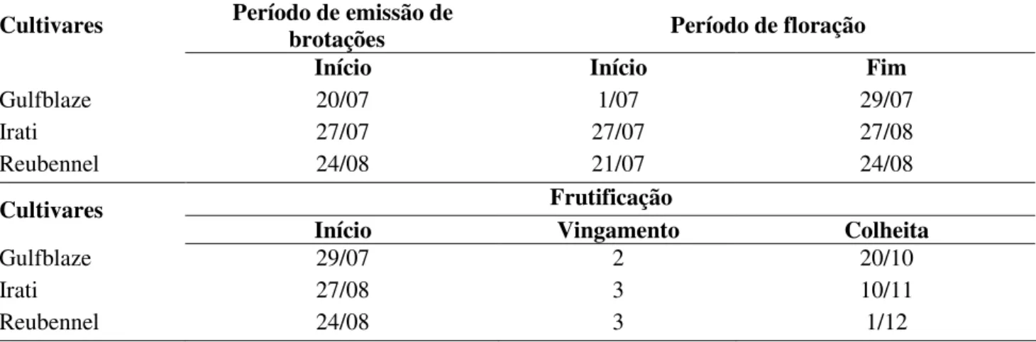 Tabela  4  Épocas  de  emissão  de  brotações,  de  início  e  final  de  floração  e  frutificação  em  cultivares  de  ameixeira japonesa (Prunus  salicina)  enxertadas  sobre  o  porta-enxerto  Capdebosq,  no terceiro ano após o  plantio, cultivadas no 