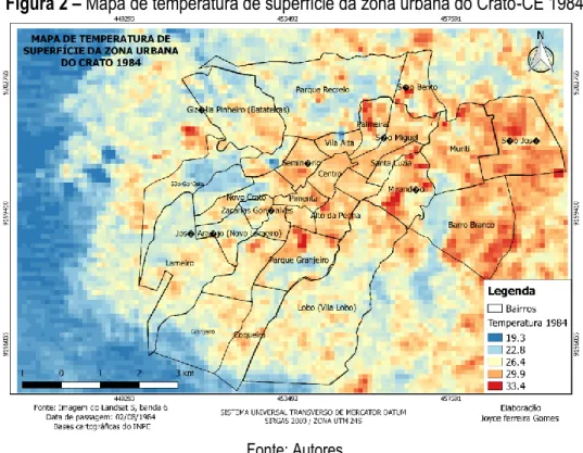 Figura 2 – Mapa de temperatura de superfície da zona urbana do Crato-CE 1984 