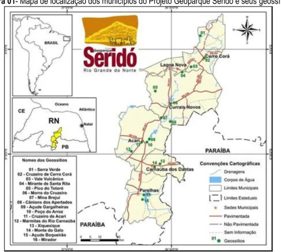 Figura 01- Mapa de localização dos municípios do Projeto Geoparque Seridó e seus geossítios.