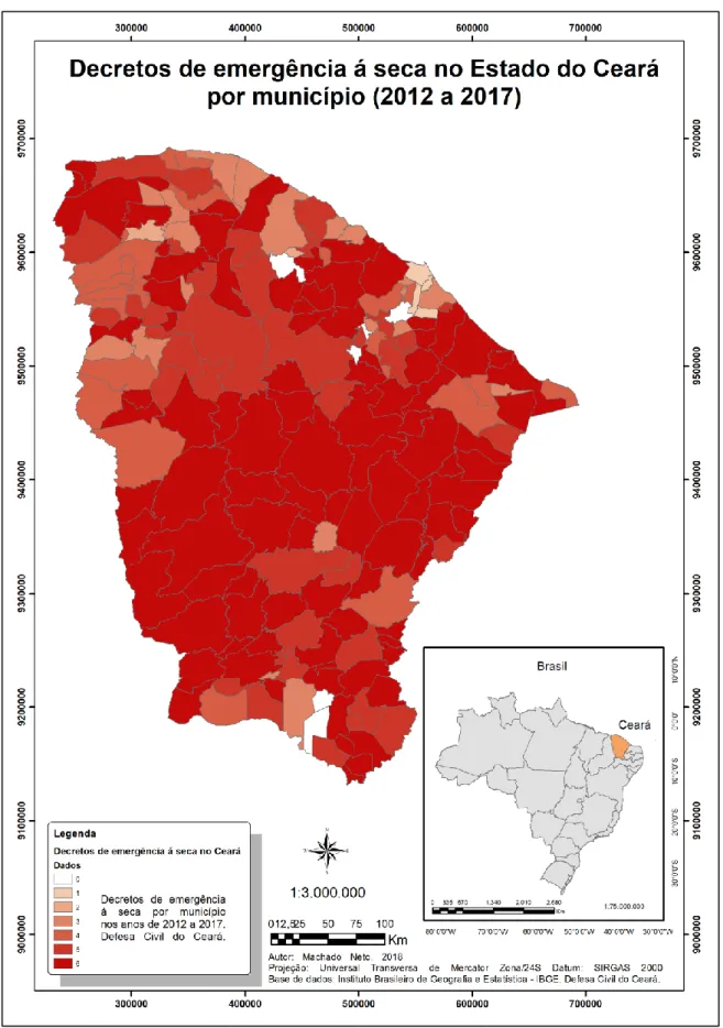 Figura 02: Decretos de emergência á seca no Estado do Ceará por município (2012 a 2017) 