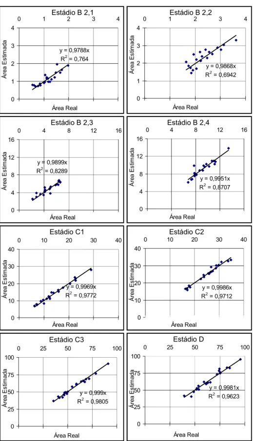 Figura  1.  Relação  entre  a  área  foliar  estimada  (C  x  L  x  f)  e  a  área  foliar  real  (medida  pelo  método  da  fotocópia) em diferentes subestádios foliares de seringueira
