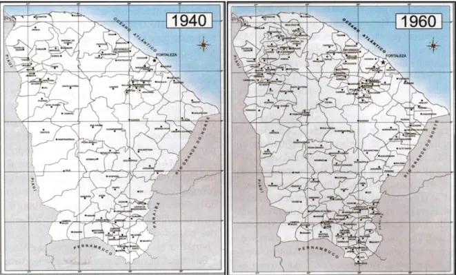 Figura 8: Crescimento do número de municípios nas porções sul, oeste e ao sul de Fortaleza na malha  municipal cearense nos anos de 1940 e 1960