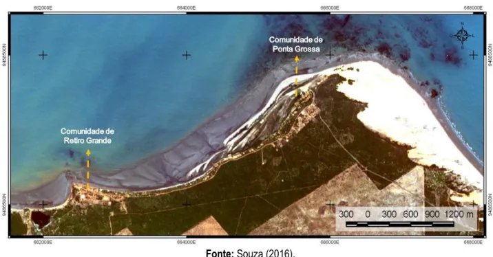 Figura 2. Imagem de satélite (RapidEye) destacando o trecho entre o promontório de Ponta Grossa e a Praia  de Retiro Grande