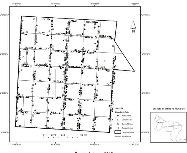 Figura 3. Mapa temático representando a disposição e proporção da situação da raiz na calçada no bairro  Nova Parnaíba